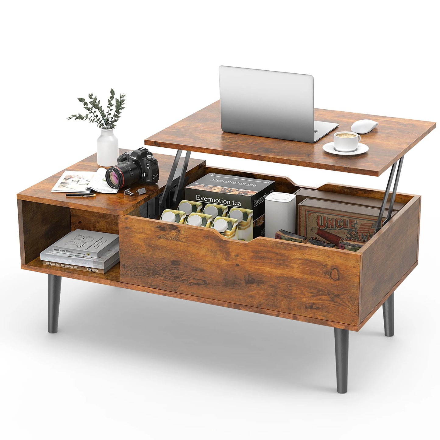 DUMOS Lift Top Coffee Table With Storage Shelf Wood