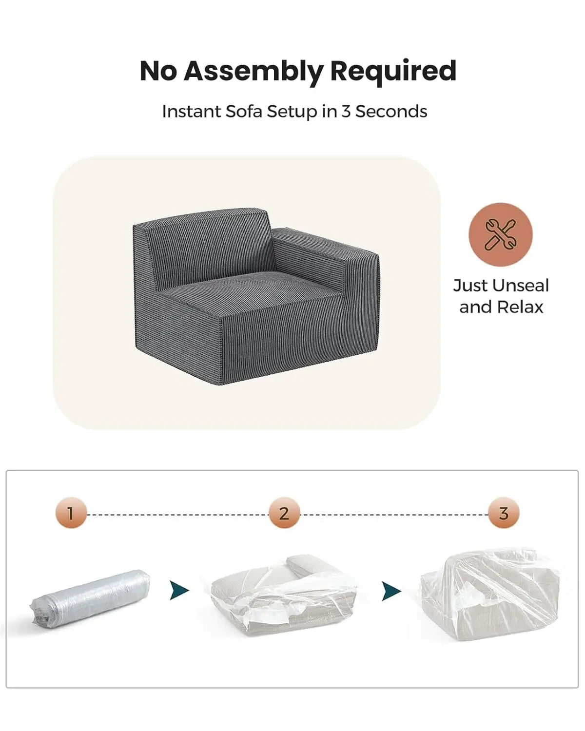 Sofa L-Shaped Corduroy With Deep Cushions And High Back