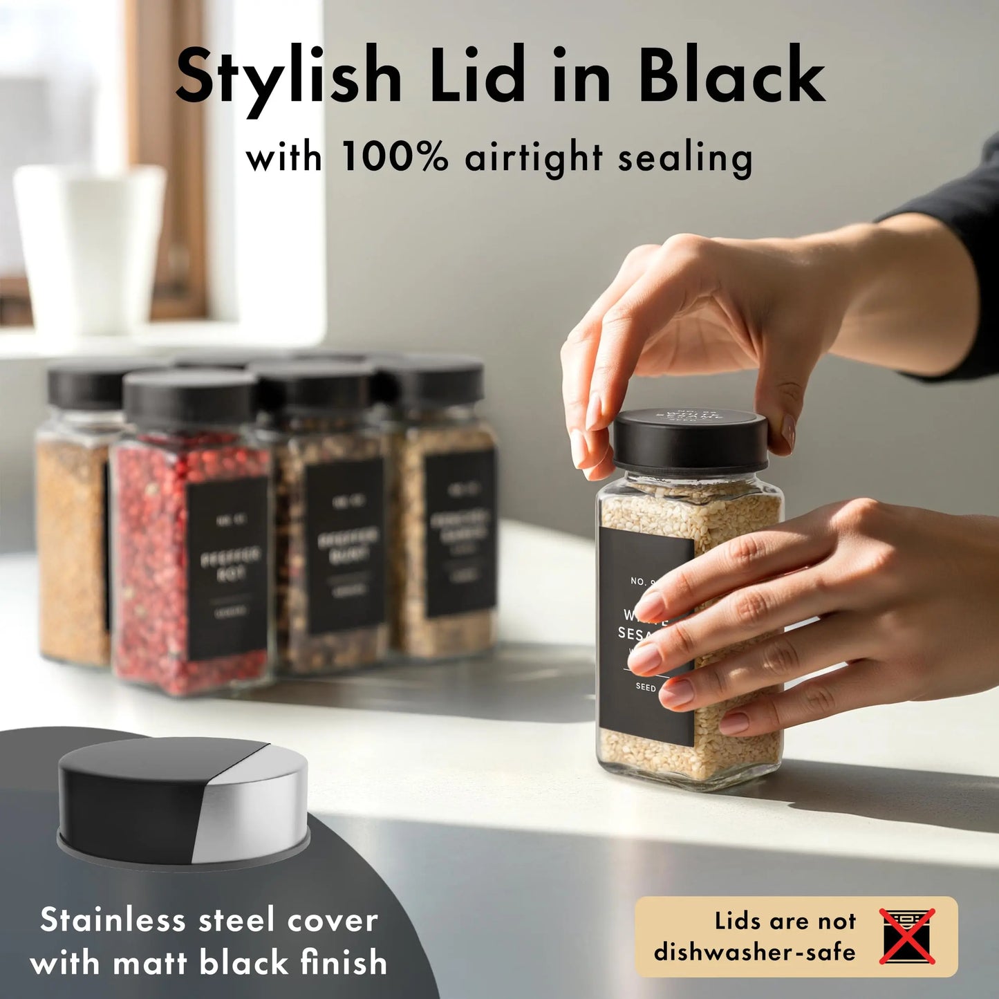 Glass Spice Jars With Stainless Steel Lids, Labels, Funnel