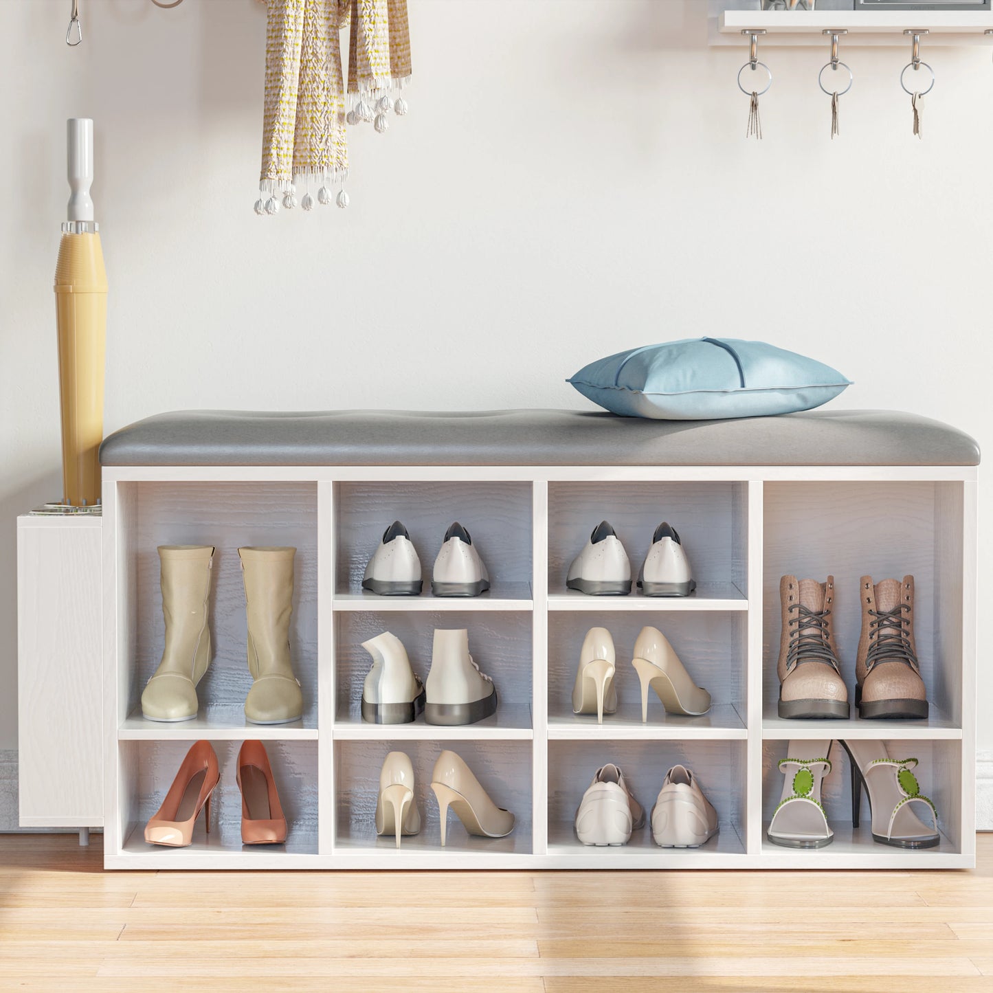 Ironck Shoe Bench With PU Leather, 10 Cubby Storage Entryway