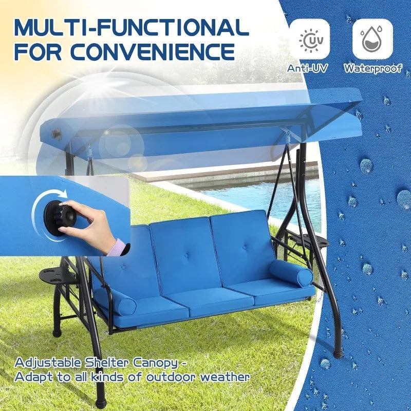 Porch Swing Three-Seat With Adjustable Canopy And Stand