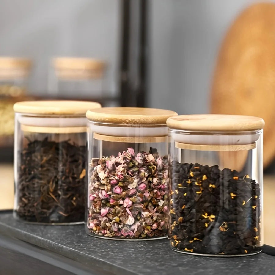 Glass Storage Jar With Bamboo Lid For Tea Coffee Sugar