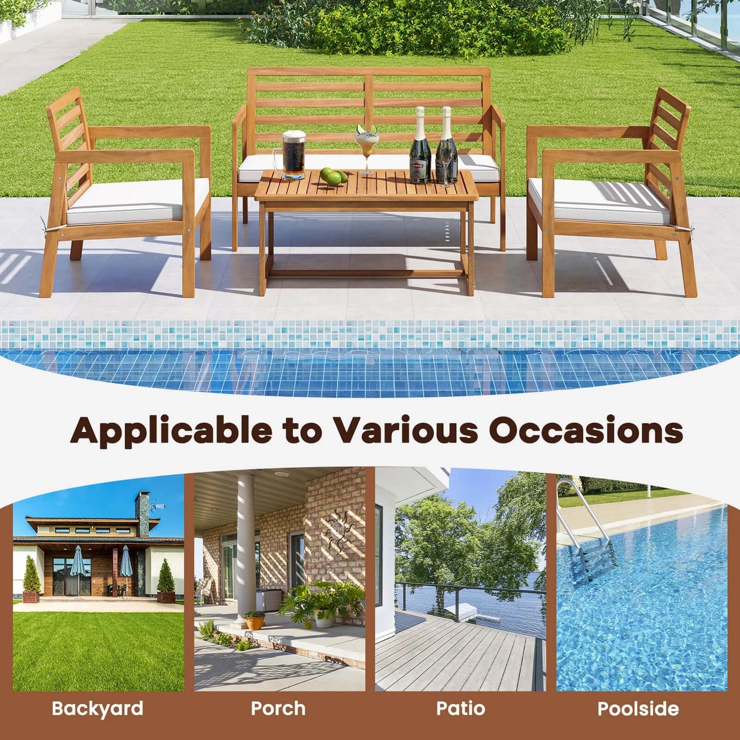 HOMASIS 4-Piece Acacia Wood Patio Furniture Set With Cushions