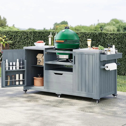 Outdoor Kitchen Island Solid Fir Wood Stainless Steel Top