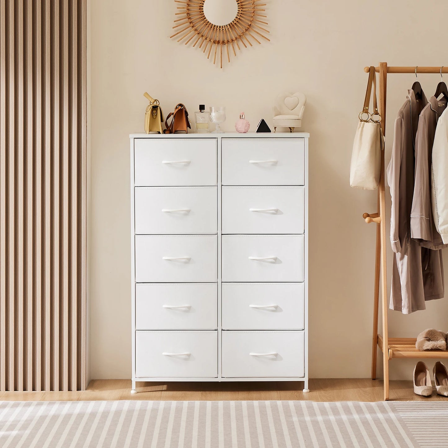 JHK Bedside Table Steel-Frame Storage With 10 Fabric Drawers
