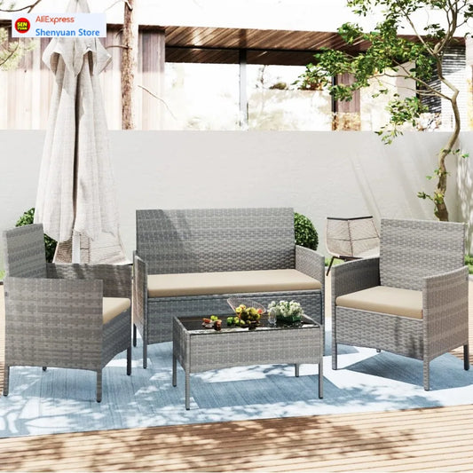 XMSJ Patio Conversation Set Wicker Rattan 4-Piece Outdoor