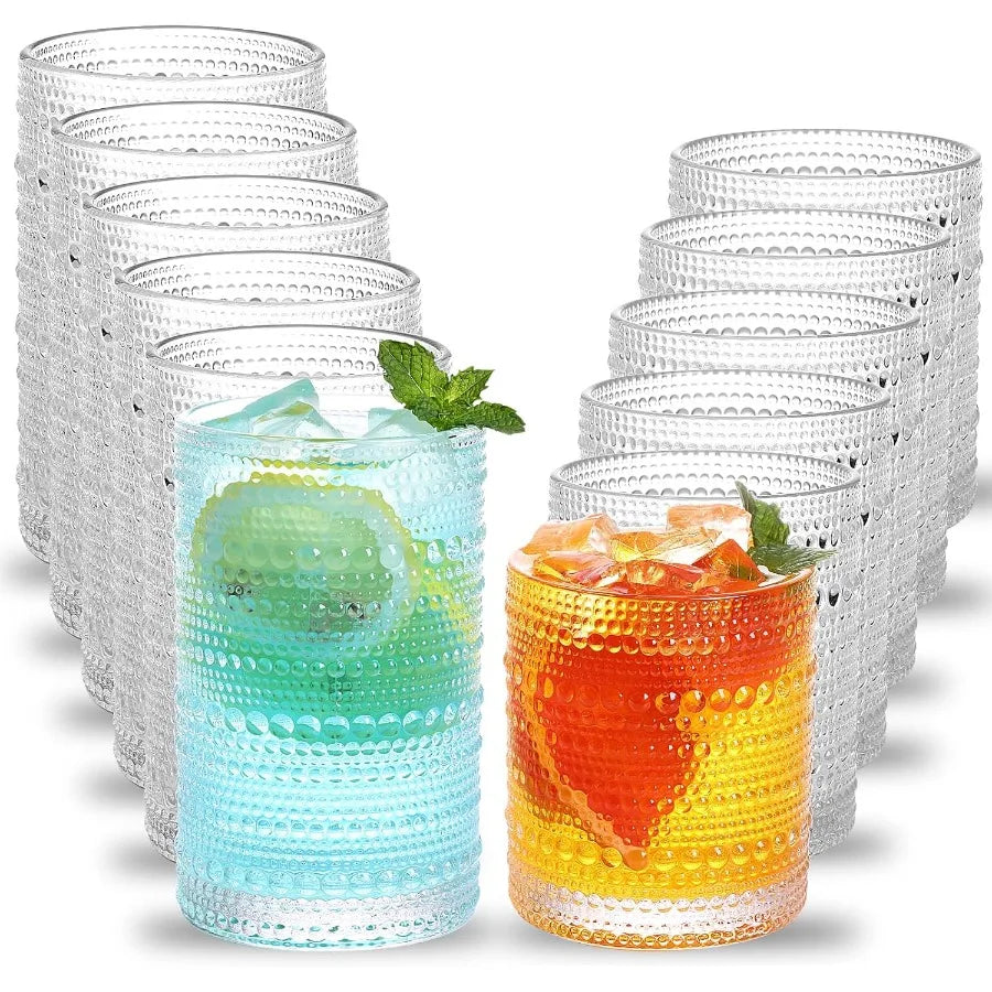 Hobnail Drinking Glasses Clear Embossed Set Of 12
