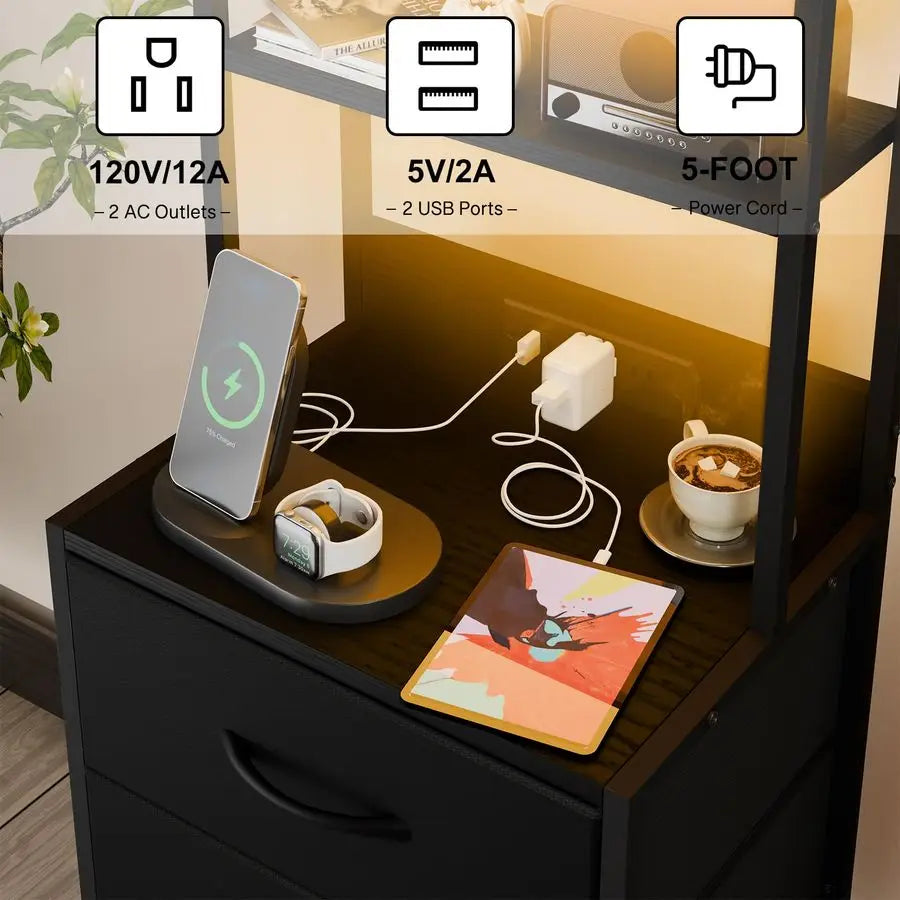 Nightstand LED Charging Station With USB Port And Fabric Drawers