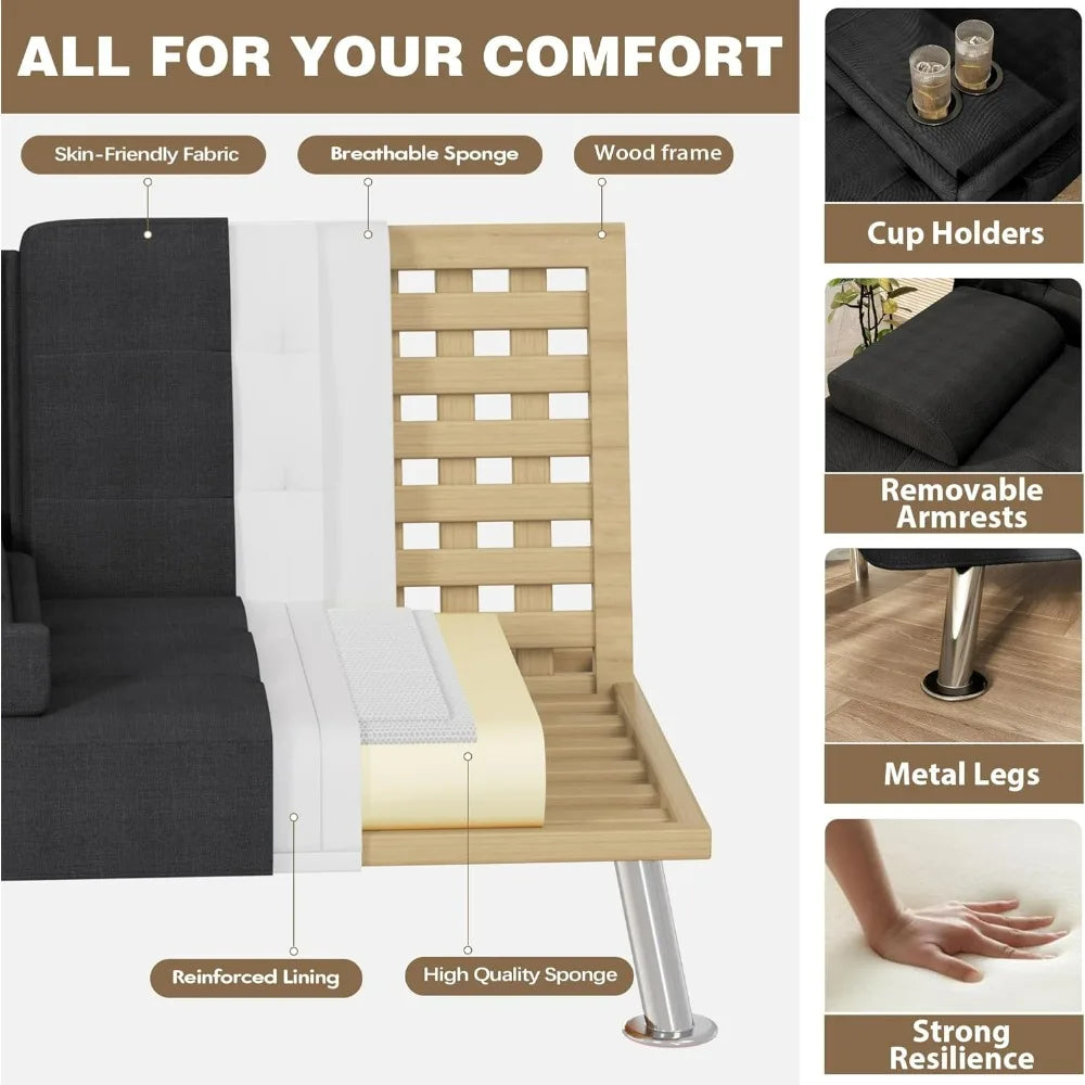 Futon Sofa Bed With Removable Armrests For Living Room