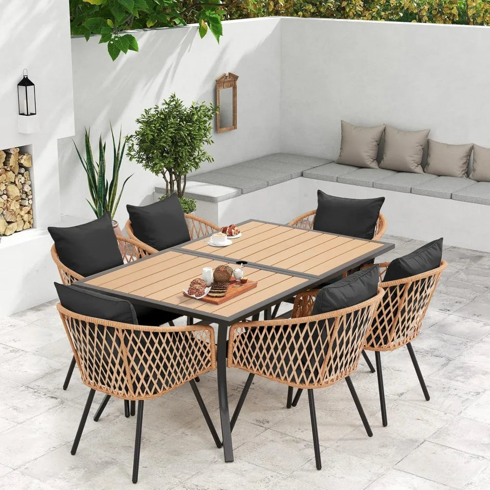 Outdoor Patio Dining Set with All-Weather Rattan and Wood Table Top