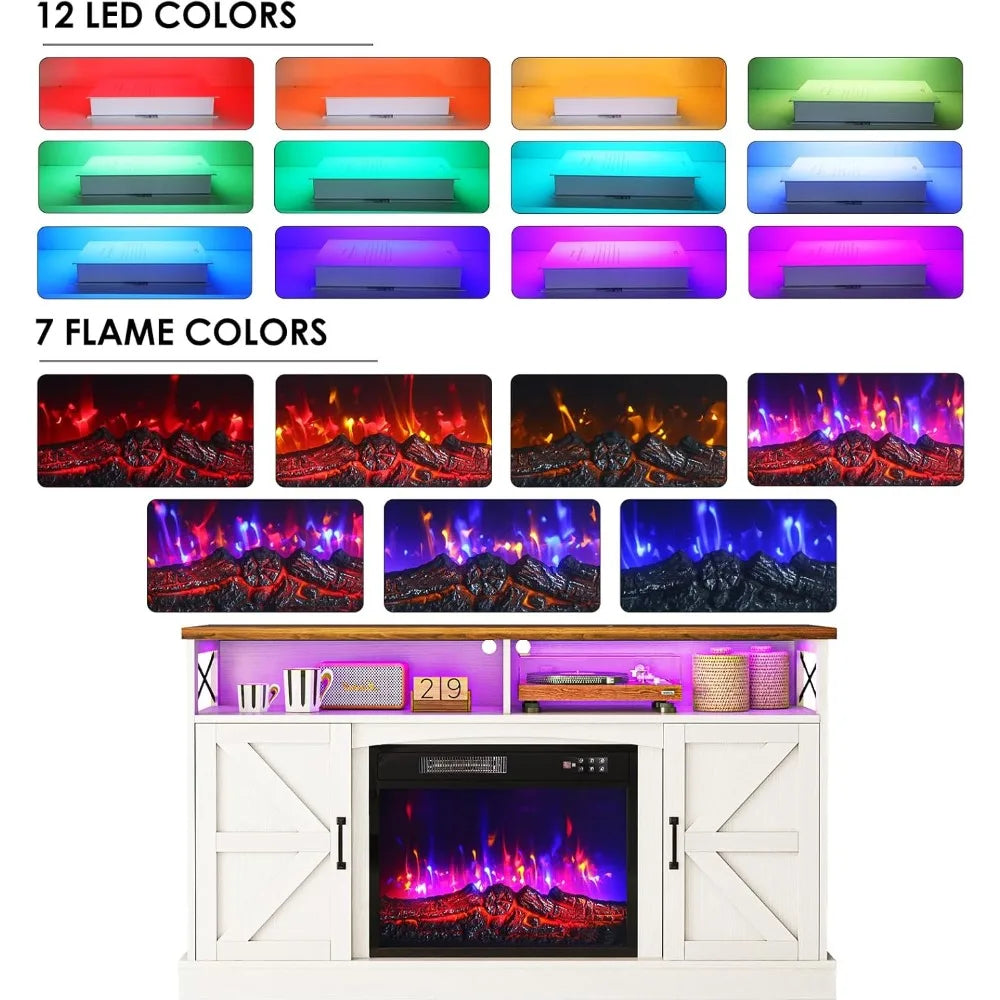 TV Stand with Fireplace, 59in Entertainment Center with LED Lights, for 65 inch TVs, with Opening Shelves and Storage Cabinet