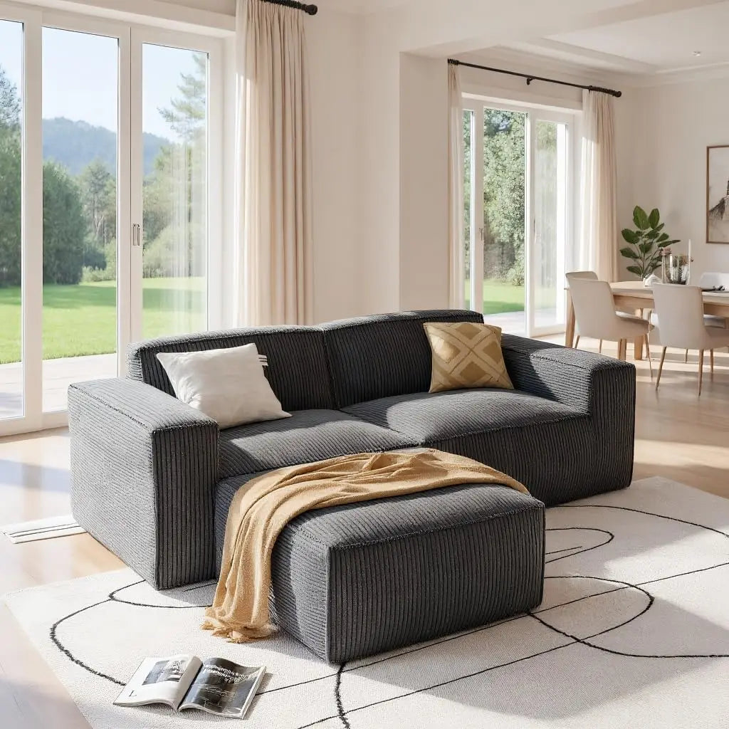Sofa L-Shaped Corduroy With Deep Cushions And High Back