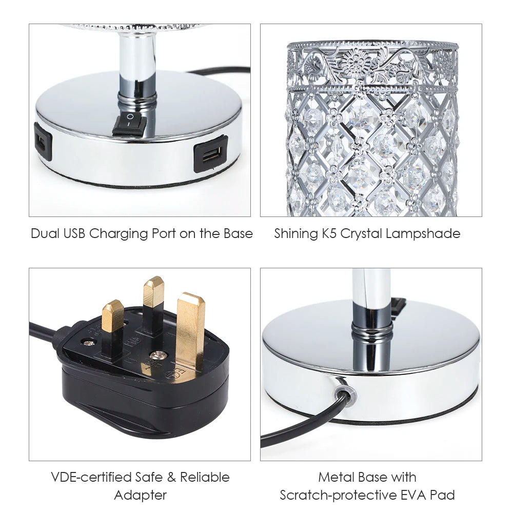 Bedside Table Lamp Dual USB Charging Port Modern Nightstand