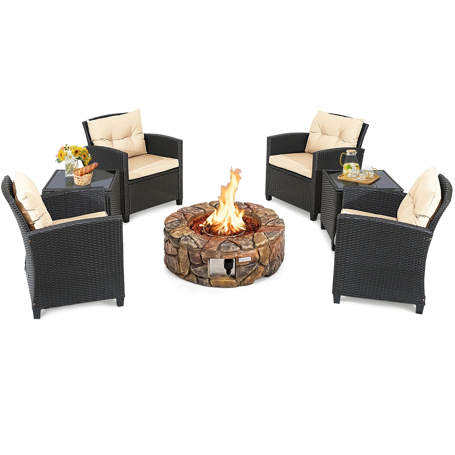 7PCS Patio Rattan Wicker Furniture Set Gas Fire Pit Table Sofa Cushion