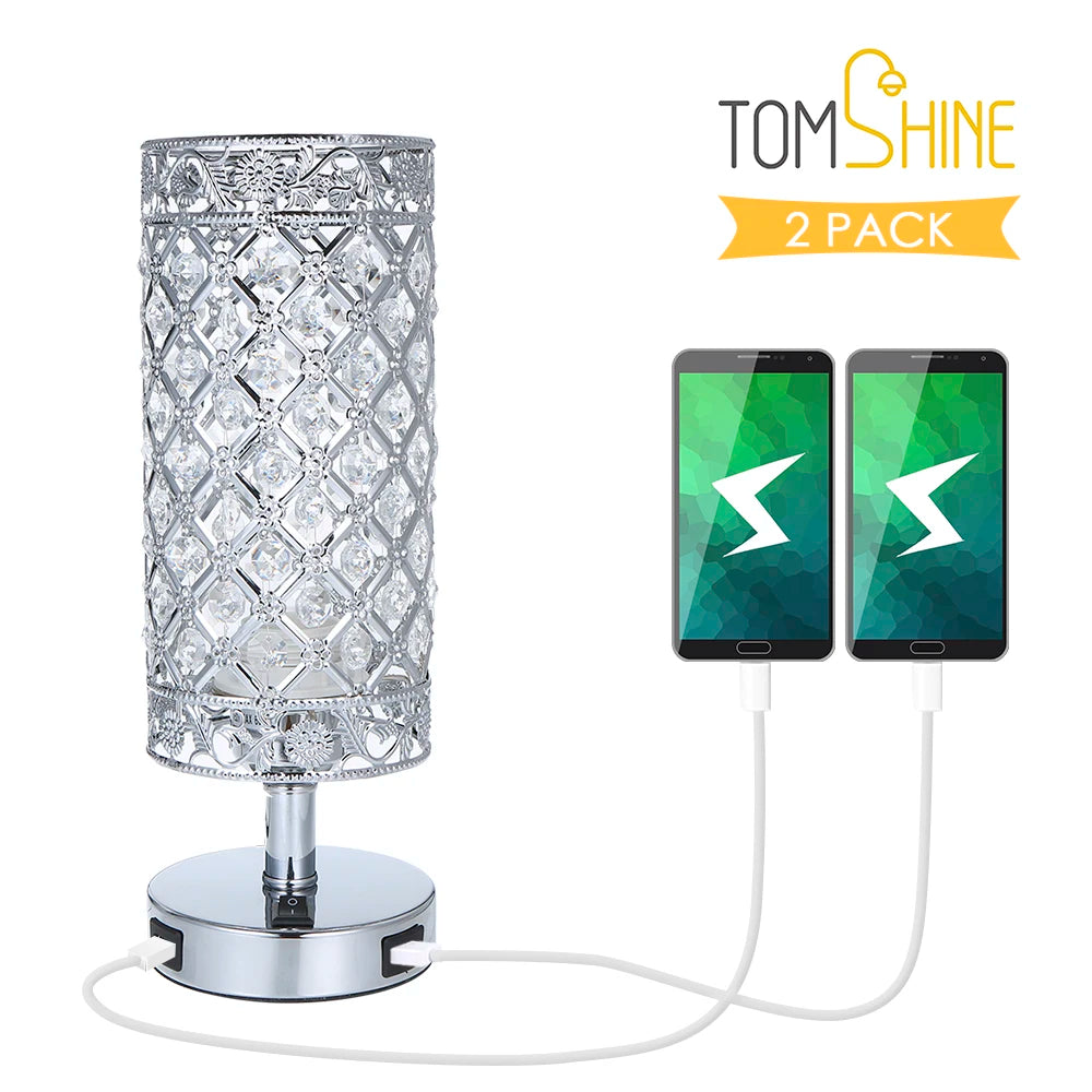 Tomshine Crystal Bedside Table Lamp With Dual USB Ports
