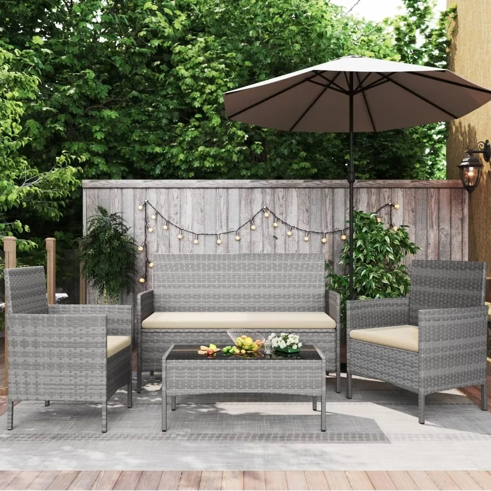 XMSJ Patio Conversation Set Wicker Rattan 4-Piece Outdoor