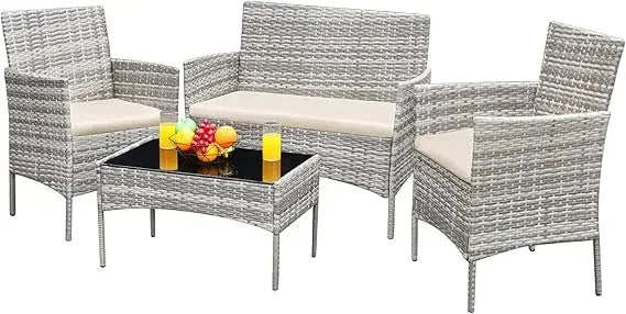 XMSJ Patio Conversation Set Wicker Rattan 4-Piece Outdoor