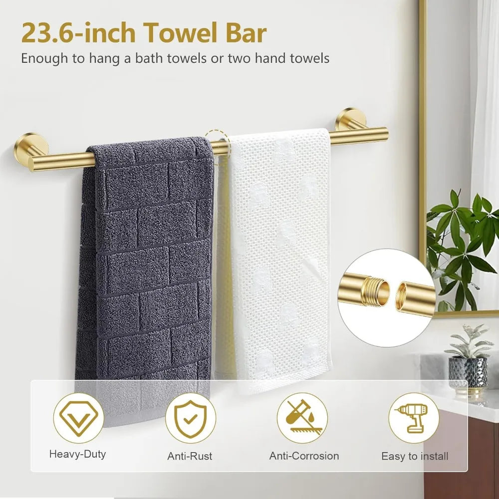 5-Piece Brushed Gold Bathroom Hardware Set with Towel Bar, Ring, Toilet Paper Holder and Hooks - Stainless Steel Wall Mounted