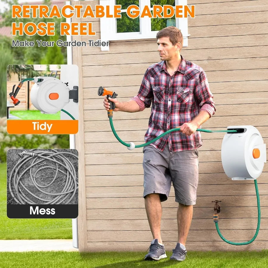 Garden Hose Reel Retractable Wall Mounted With 8 Pattern Nozzle
