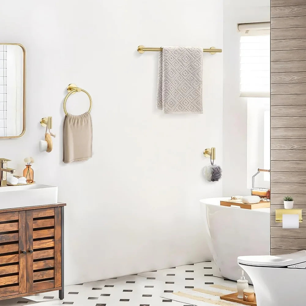 5-Piece Brushed Gold Bathroom Hardware Set with Towel Bar, Ring, Toilet Paper Holder and Hooks - Stainless Steel Wall Mounted