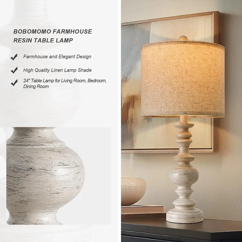XMSJ Table Lamp Set Rustic Resin Farmhouse Linen Shade