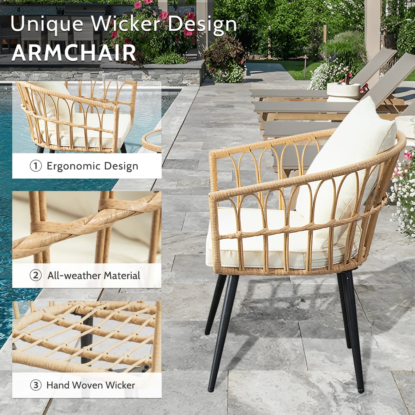 SEOGWISAM 3 Piece Outdoor Wicker Patio Bistro Set With Cushions