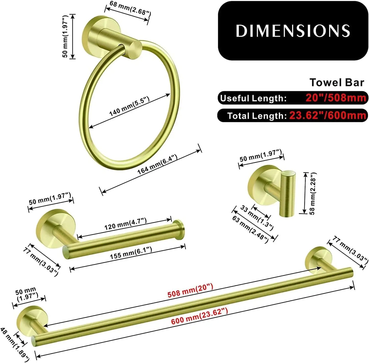 4-Piece Bathroom Hardware Set, Modern 24-Inch Towel Bar Set Wall Mounted, SUS304 Stainless Steel Bathroom Accessories Set