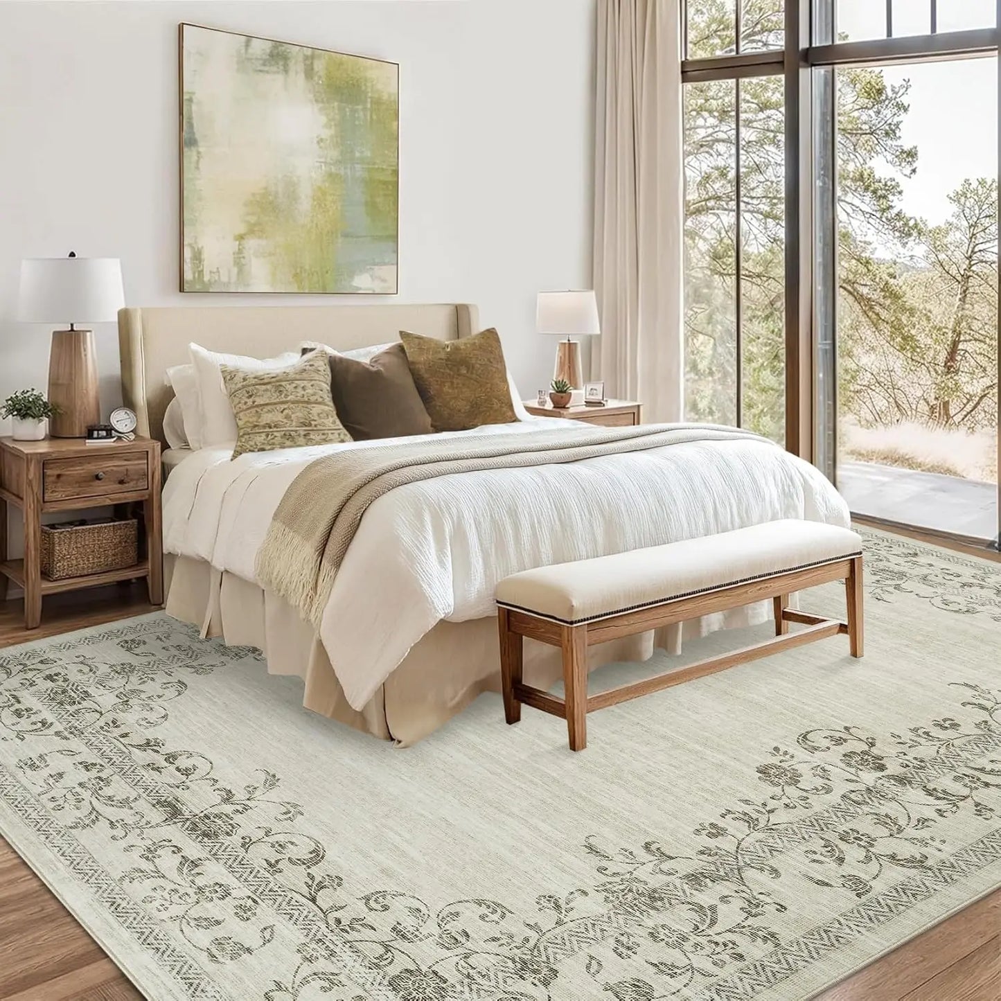 HiMISS Washable Area Rug Floral Border Polyester Machine Made