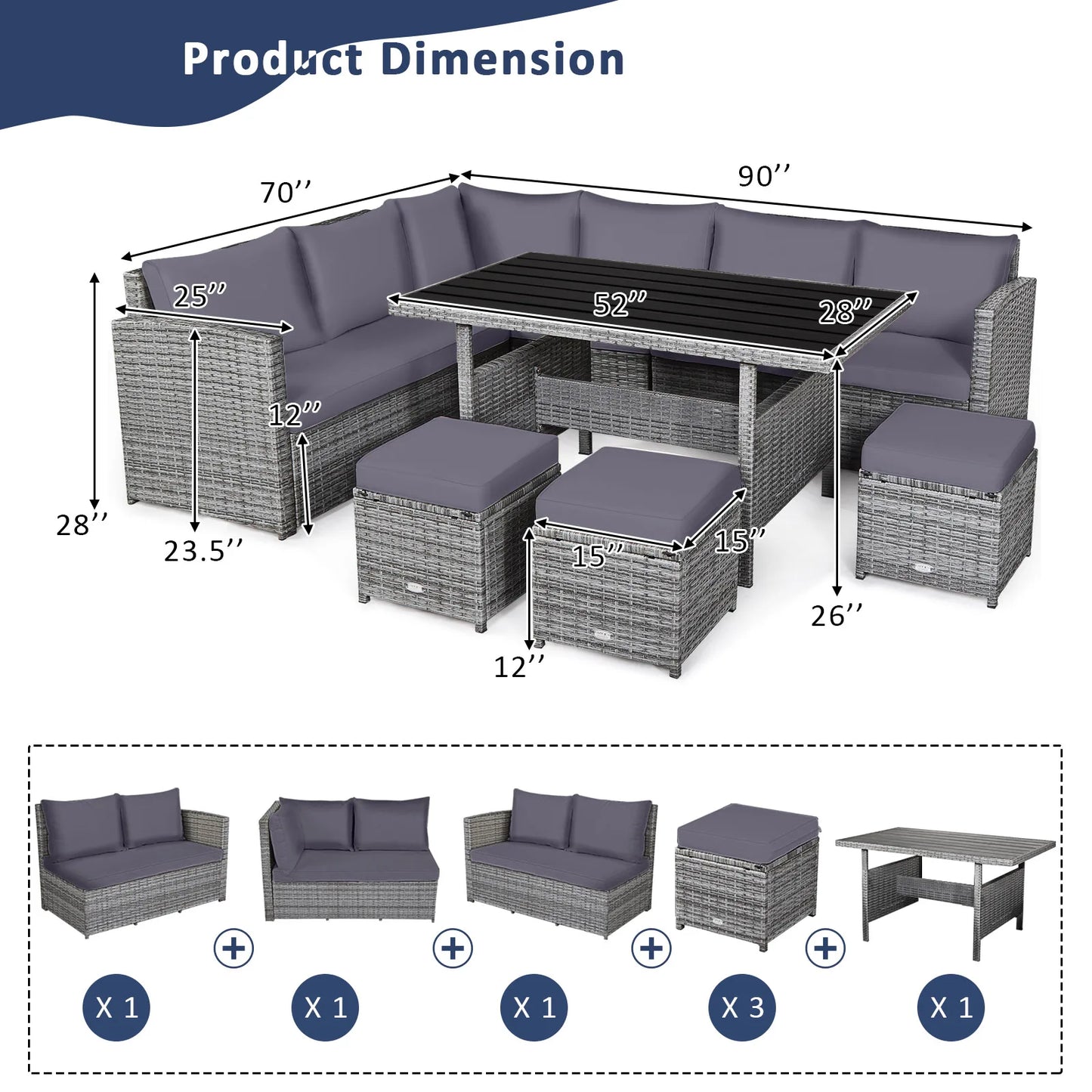 7 Piece Patio Rattan Sectional Sofa Set with Ottoman