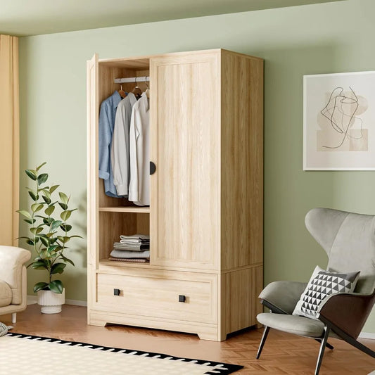 RBXC Armoire Wardrobe Closet With Doors And Drawer Oak