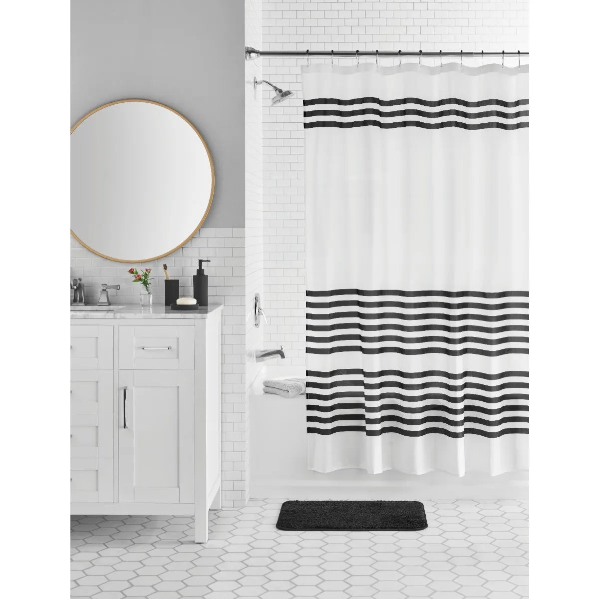Shower Curtain Set with Polyester Material and Stripes Design