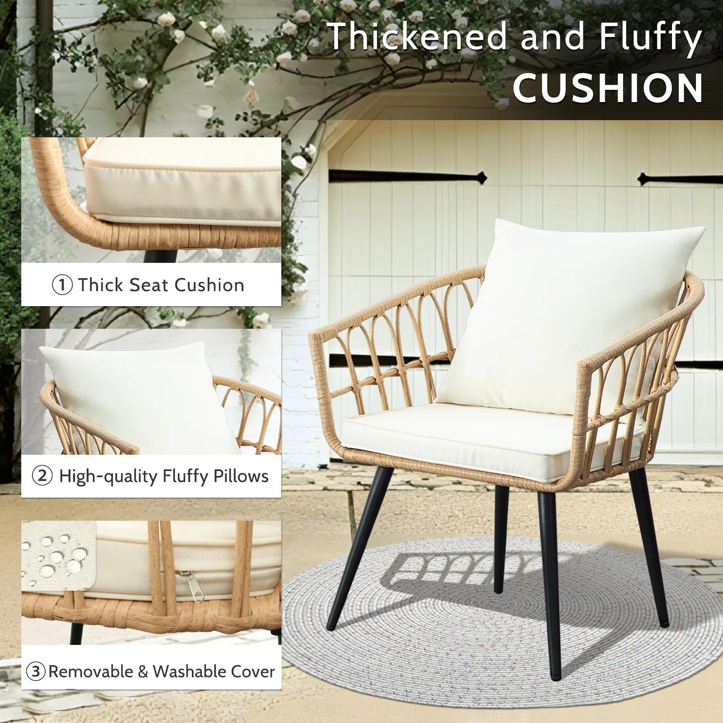 SEOGWISAM 3 Piece Outdoor Wicker Patio Bistro Set With Cushions