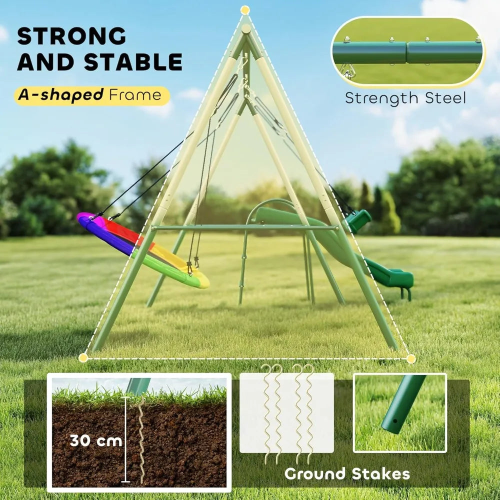 Swing Set With Heavy-Duty Alloy Steel A-Frame Outdoor Playground