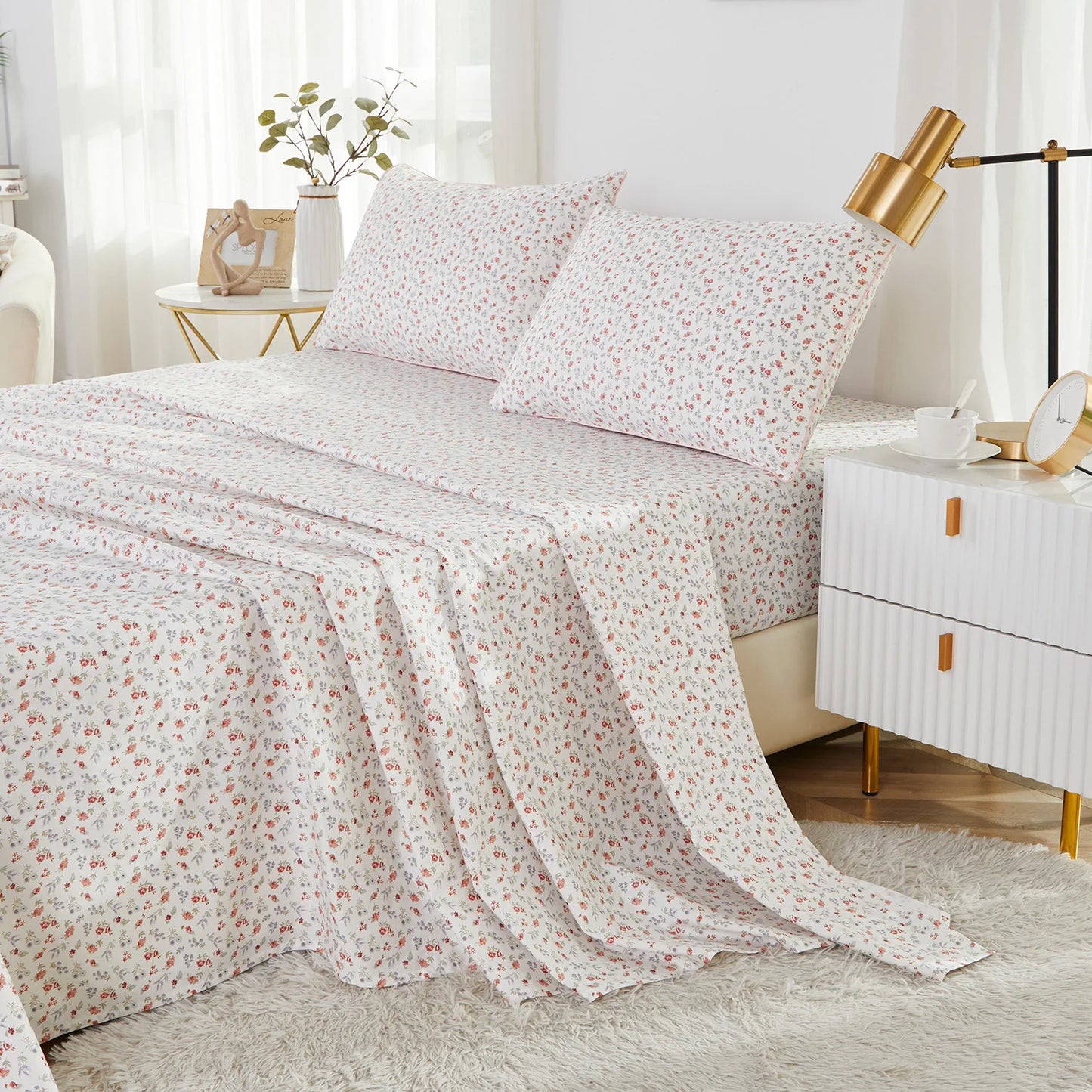 LISSTHERCN Fitted Sheet Set 4pcs 100 Percent Egyptian Cotton Flower Pattern