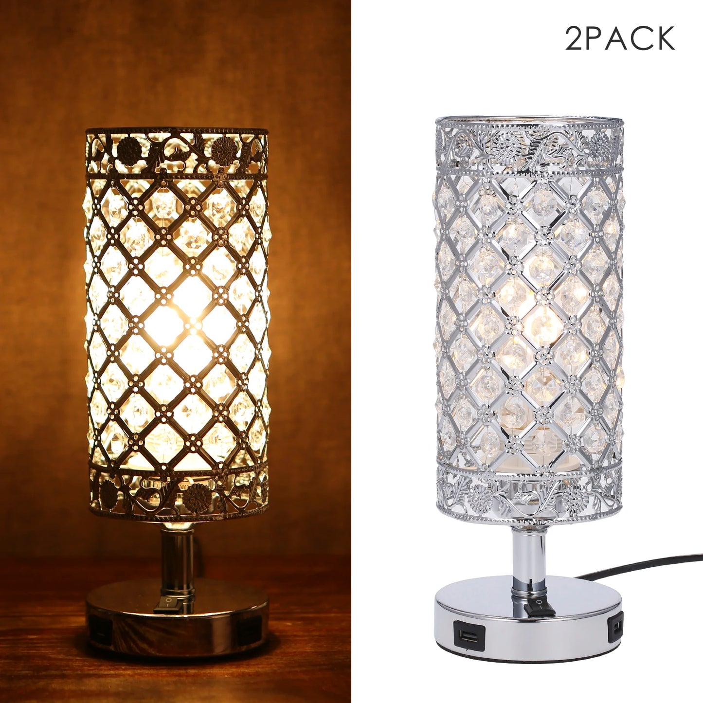 Tomshine Crystal Bedside Table Lamp With Dual USB Ports