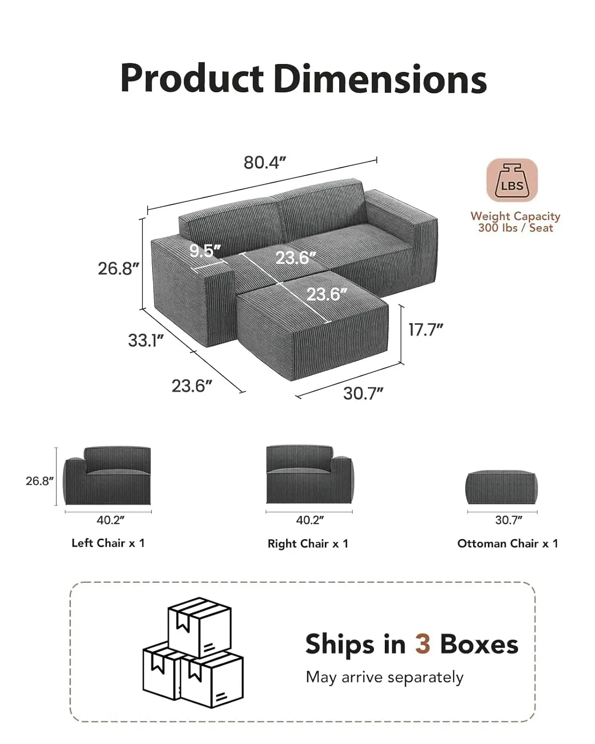 Sofa L-Shaped Corduroy With Deep Cushions And High Back