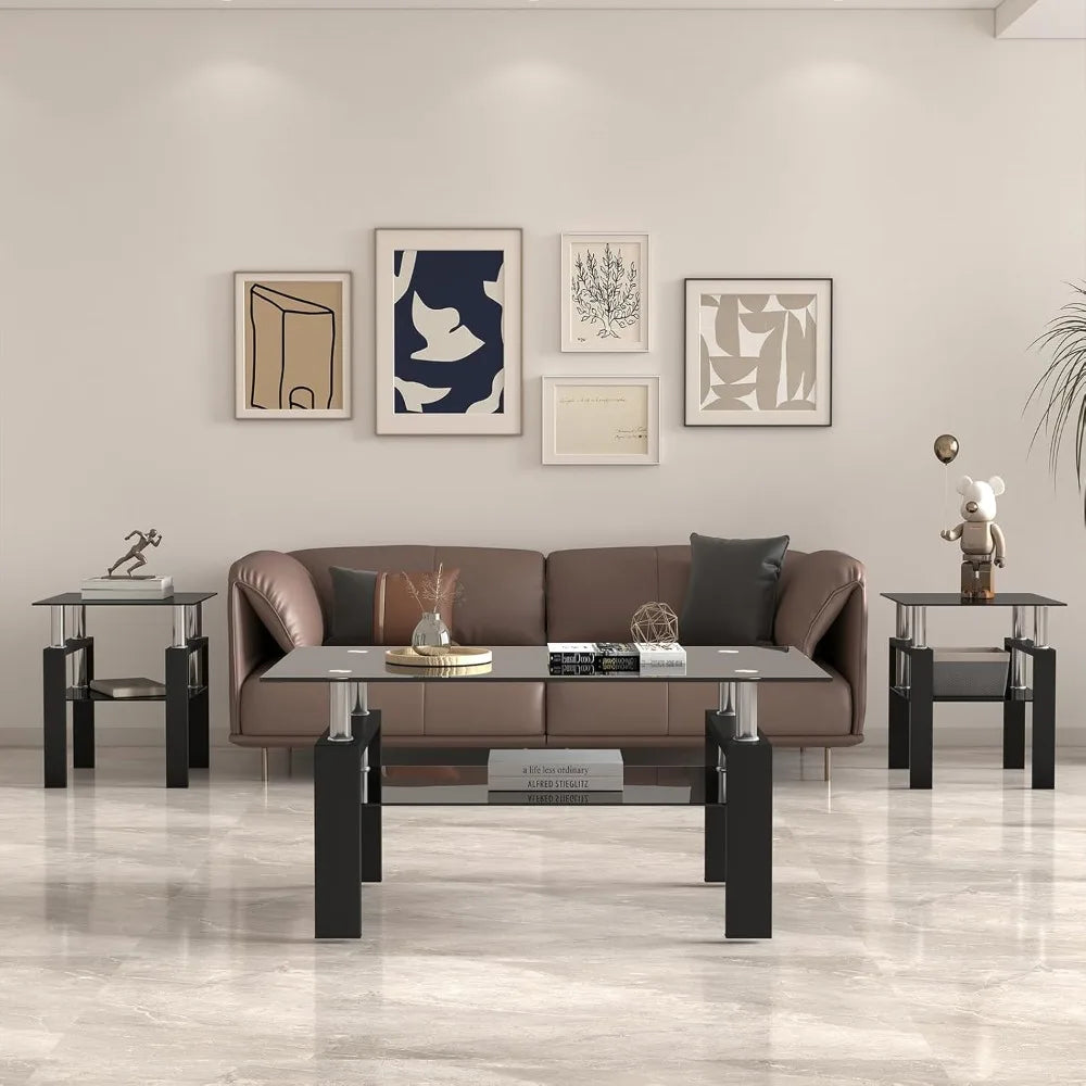 Coffee Table Set With Glass Top And Durable Metal Frame