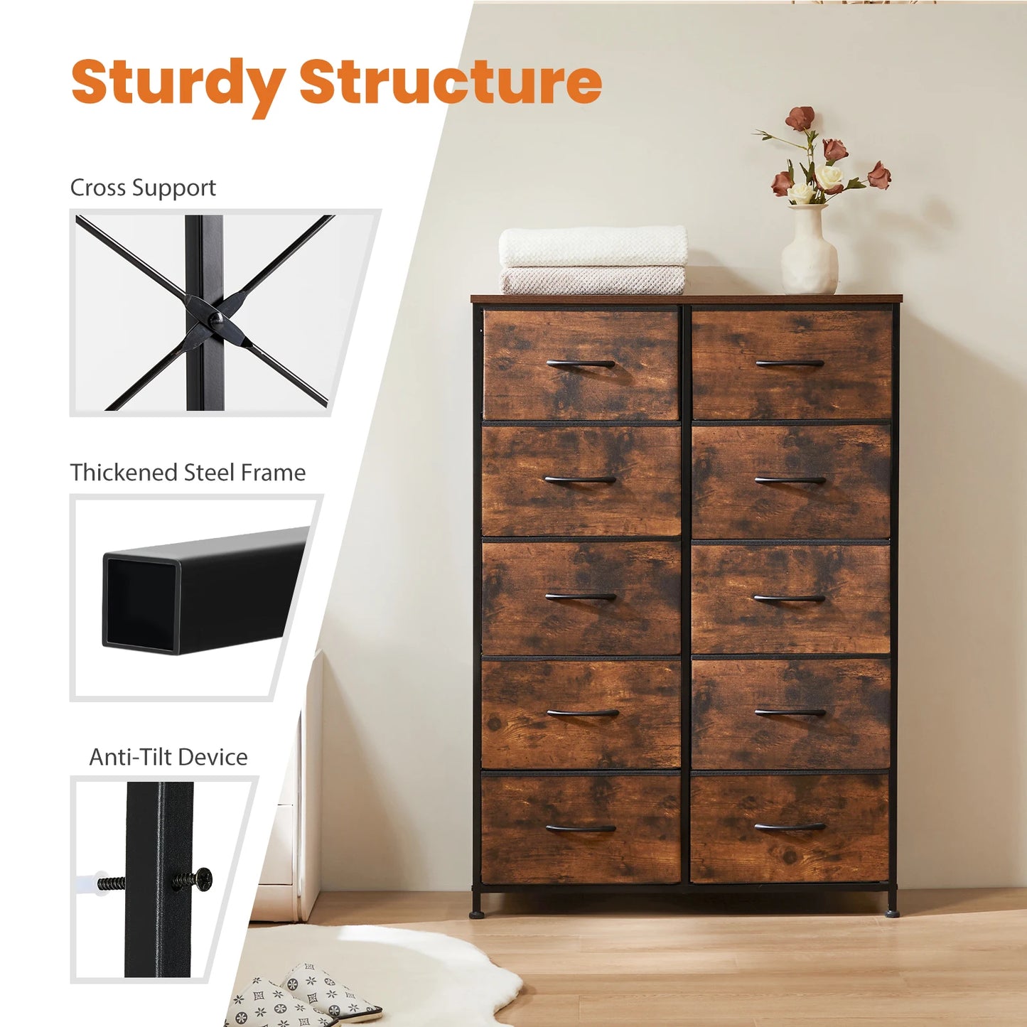 JHK Bedside Table Steel-Frame Storage With 10 Fabric Drawers