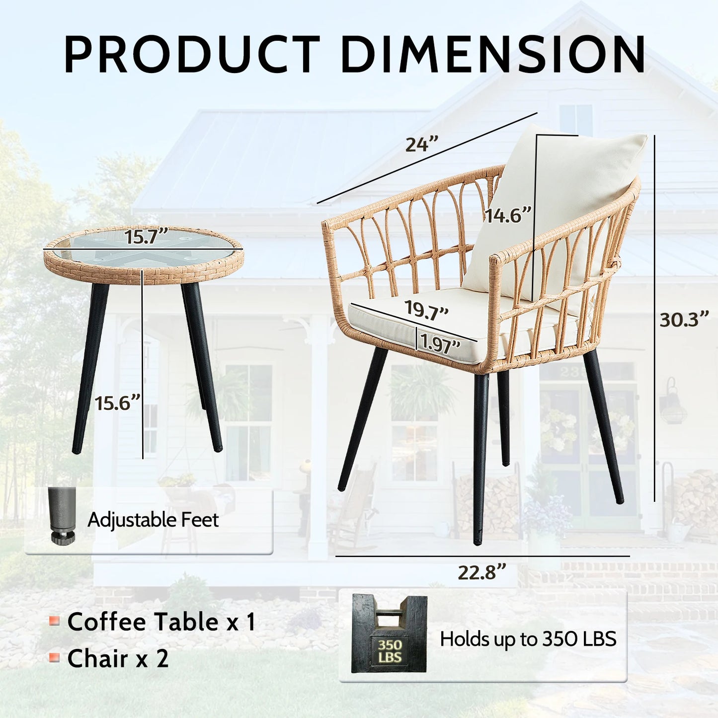 SEOGWISAM 3 Piece Outdoor Wicker Patio Bistro Set With Cushions