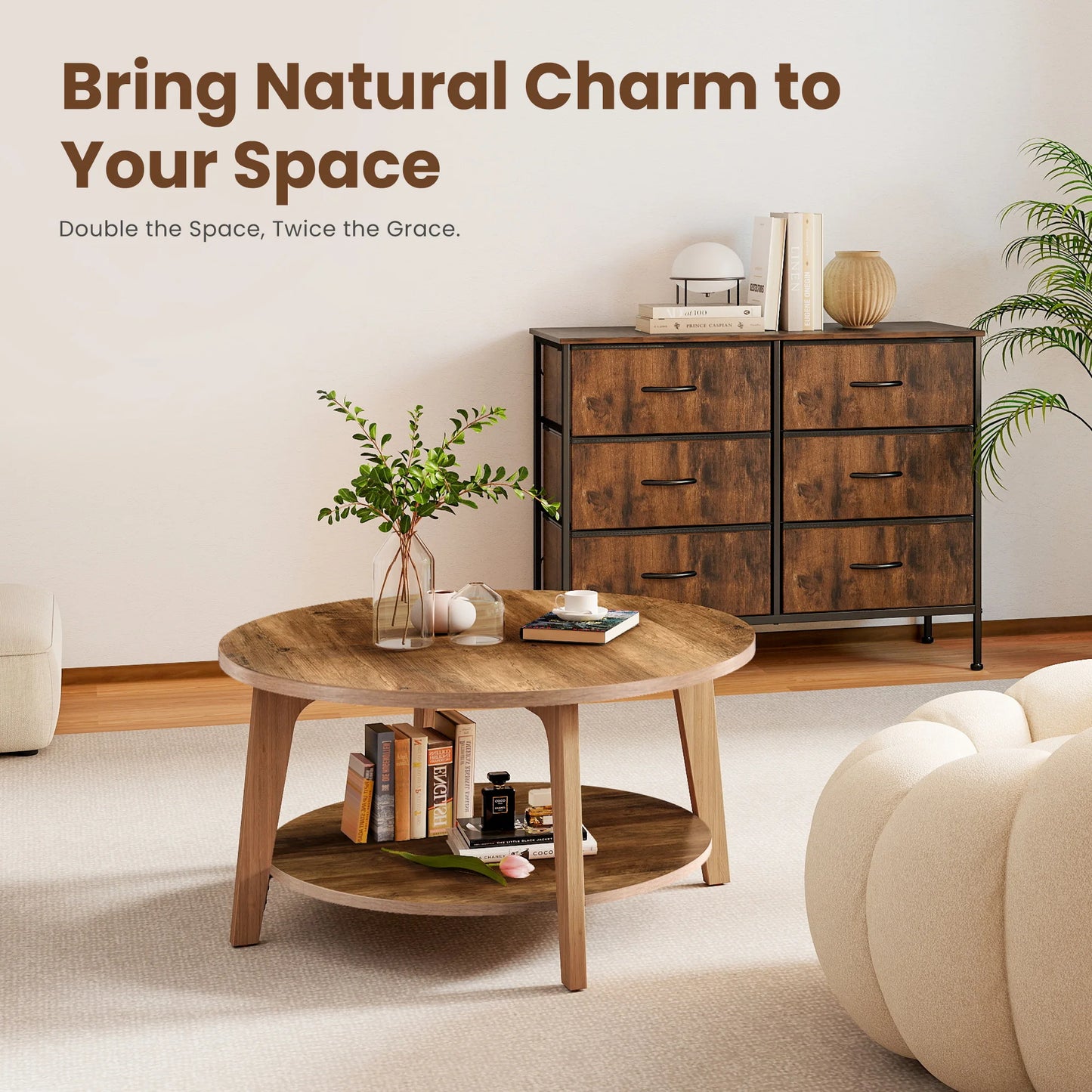 JHK 32IN Wood Round Coffee Table For Living Room 2-Tier Center Counter with Storage 50 lbs Capacity Anti-Slip Feet Modern Design