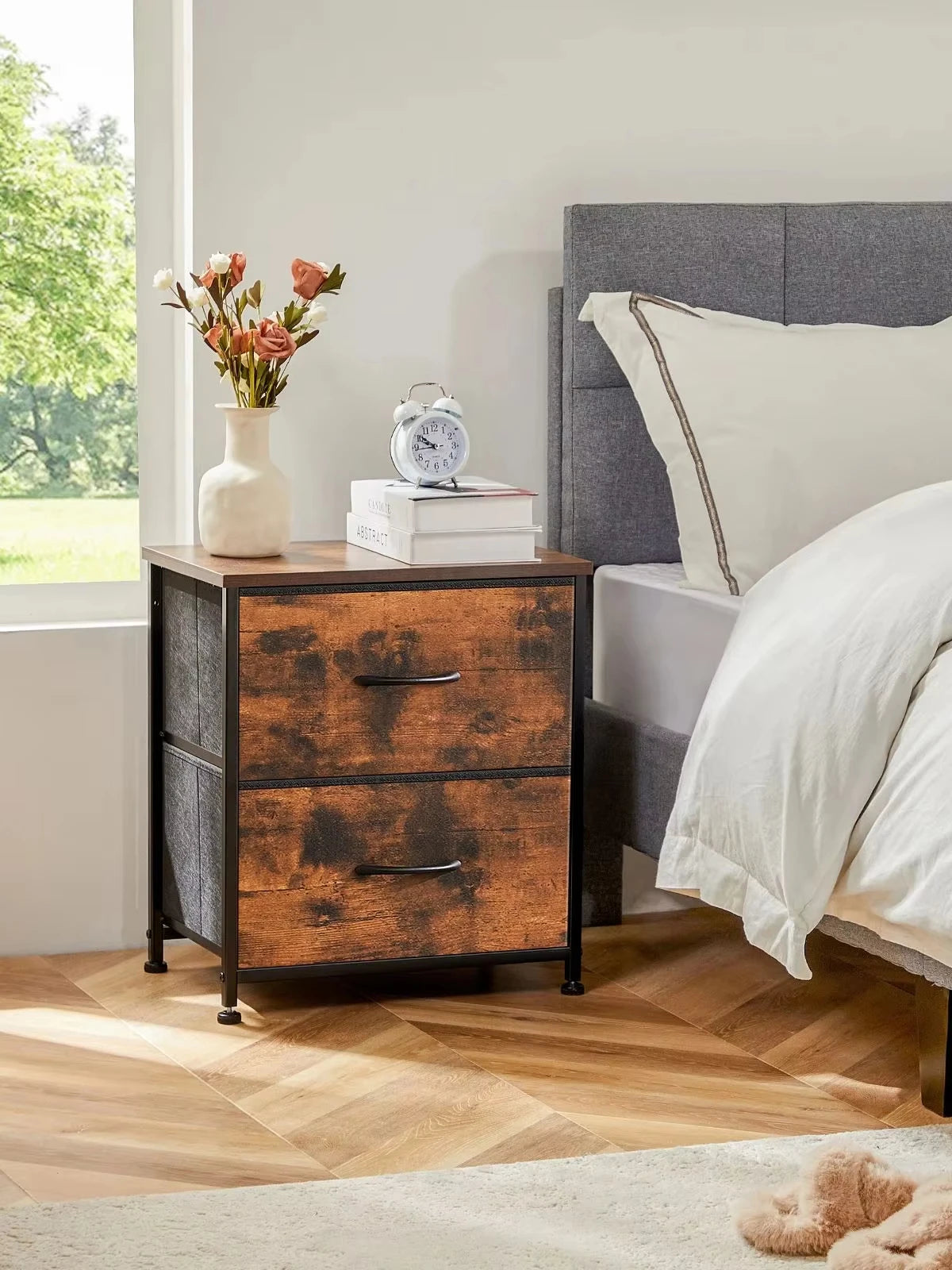 JHK Modern Morocco Style Nightstand With Two Fabric Drawers