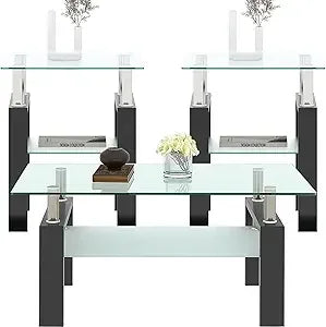 Coffee Table Set With Glass Top And Durable Metal Frame