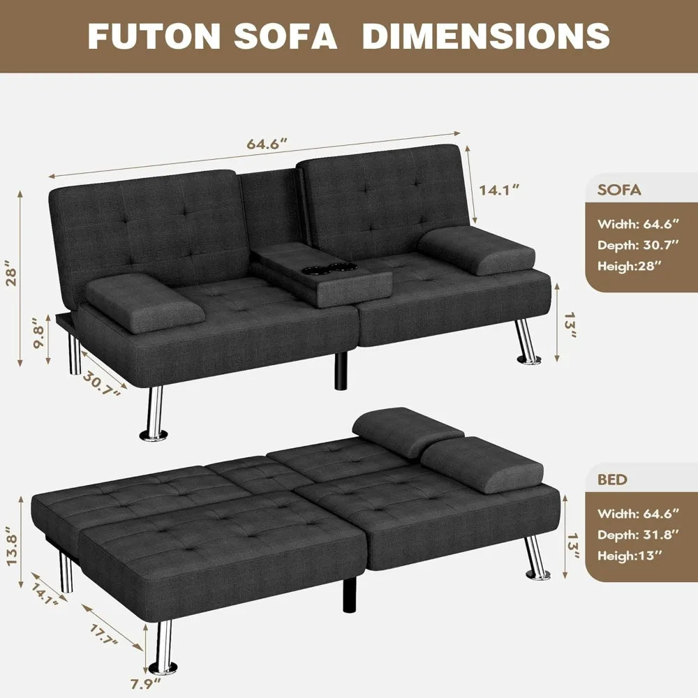 Futon Sofa Bed With Removable Armrests For Living Room