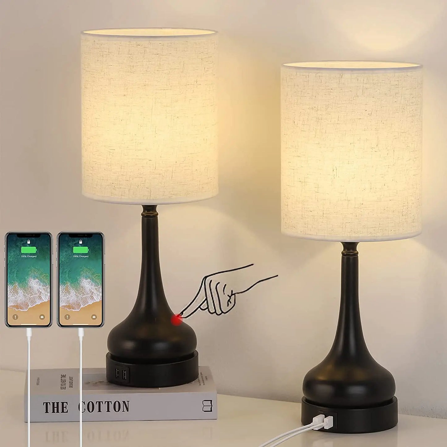 Bedside Table Lamps Set With Touch Control USB Charging Ports