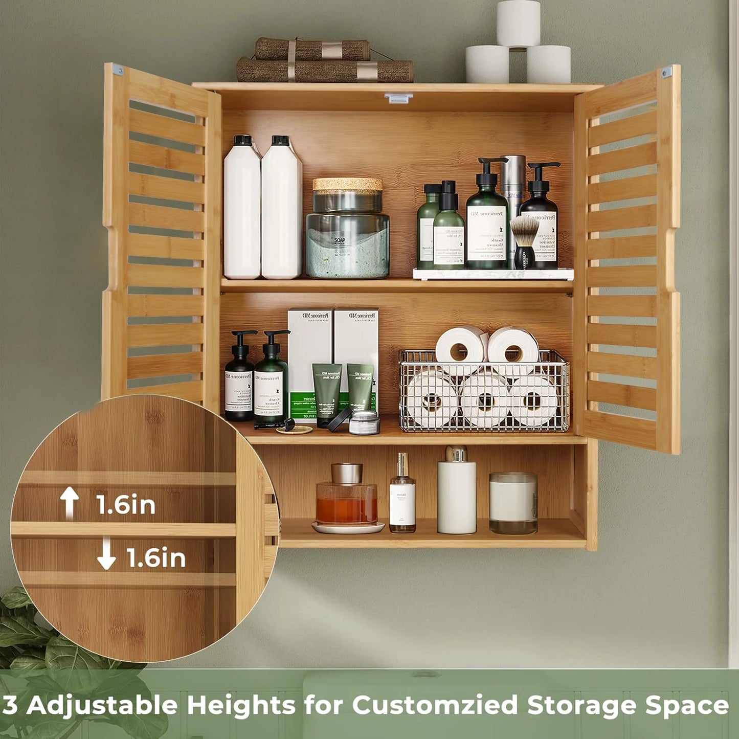WisforFininsh Wall Cabinet Bamboo With Adjustable Shelves