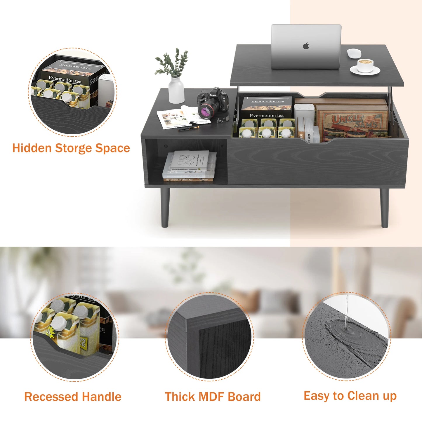 DUMOS Lift Top Coffee Table With Storage Shelf Wood