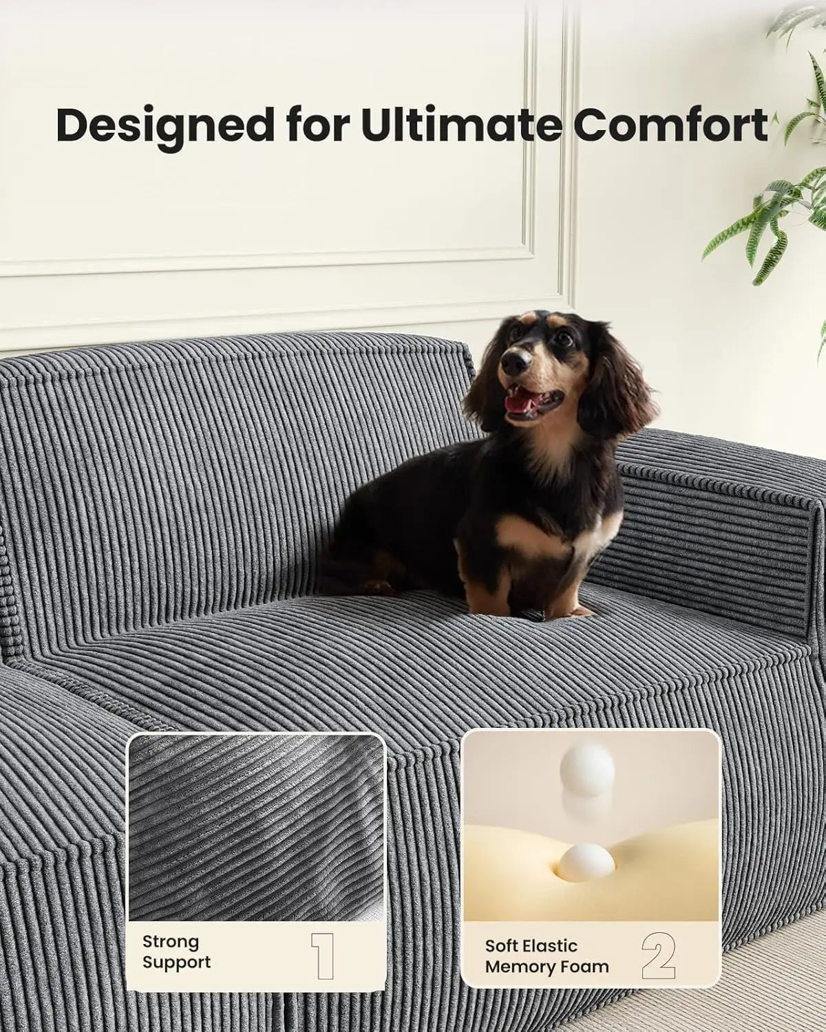 Sofa L-Shaped Corduroy With Deep Cushions And High Back
