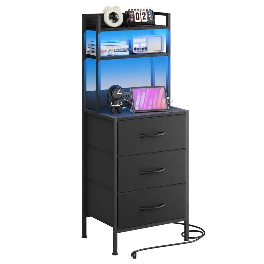 Nightstand LED Charging Station With USB Port And Fabric Drawers