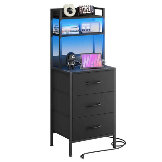 Nightstand LED Charging Station With USB Port And Fabric Drawers