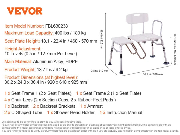 SucceBuy Tub Transfer Bench Aluminum Bath Seat With Armrest